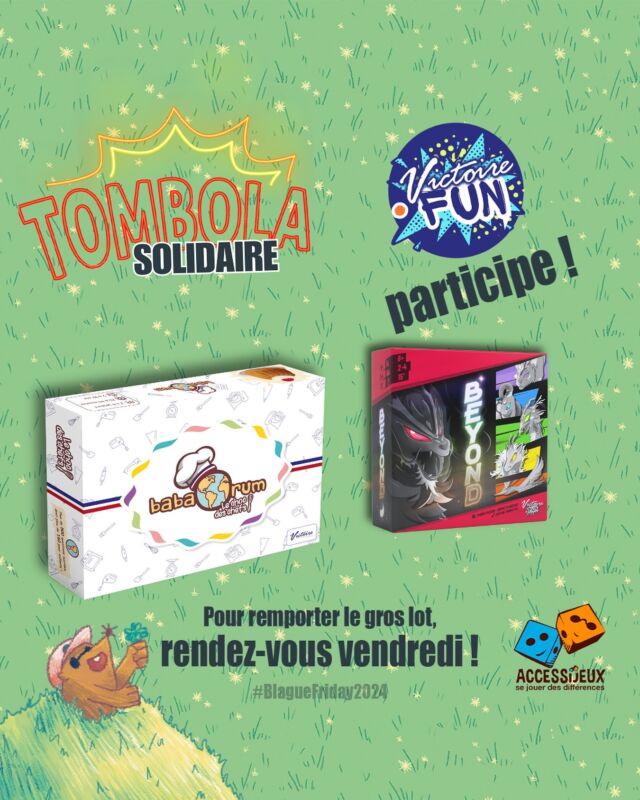 🎁Ce 29 novembre 2024, le Blague Friday 😁🤪revient !

🎟️Avec notamment une super tombola ! Des dizaines de jeux à gagner dont BEYOND et babaOrum dédicacés 🥳 ! 

💙Les revenus de la Tombola sont reversés à @accessijeux une association œuvrant pour rendre le loisir du jeu de société accessible aux personnes déficientes visuelles.

📺 Et toute la journée retrouvez notamment  @hervine.art et @theo_sacha sur Twitch pour pleins de surprises ! 🎉

🎨@hervine.art 
@philibertjeux 
#blaguefriday2024